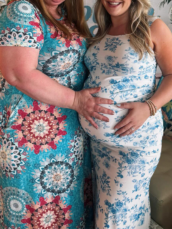 Blue Floral Rucdhed Mermaid Baby Boy Shower Maternity Maxi Dress