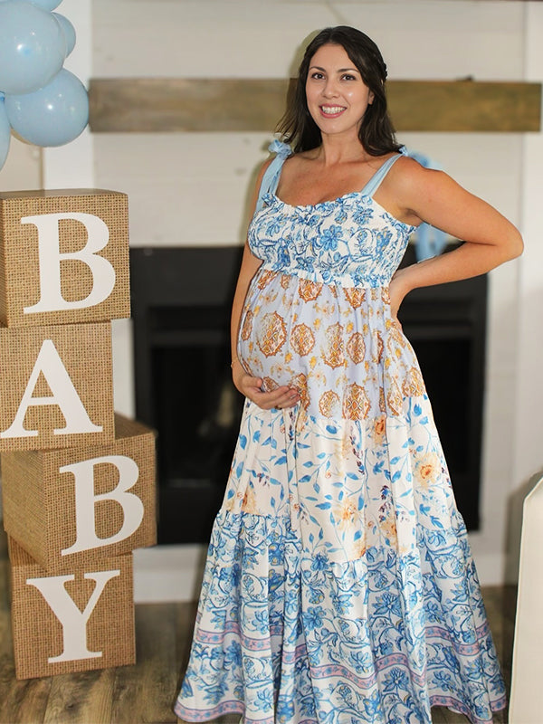 Light Blue Floral Smocked Ruffle Bow Baby Boy Shower Maternity Maxi Dress