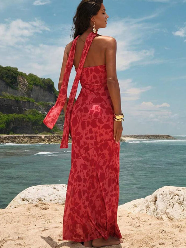Watermelon Red Leopard Wrap Mermaid Banquet Maternity Maxi Dress
