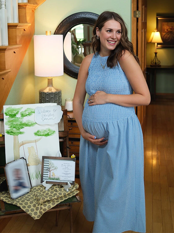Blue Plaid Smocked Flowy Baby Boy Shower Maternity Maxi Dress