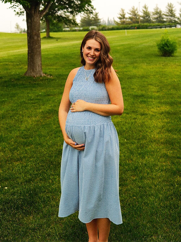 Blue Plaid Smocked Flowy Baby Boy Shower Maternity Maxi Dress