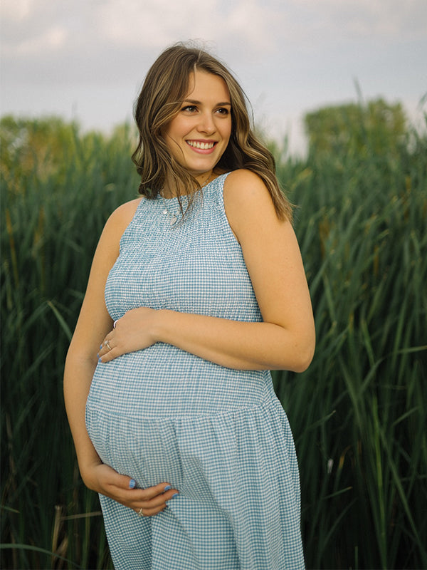 Blue Plaid Smocked Flowy Baby Boy Shower Maternity Maxi Dress