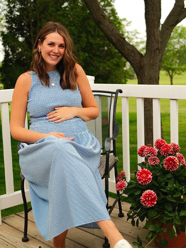 Blue Plaid Smocked Flowy Baby Boy Shower Maternity Maxi Dress