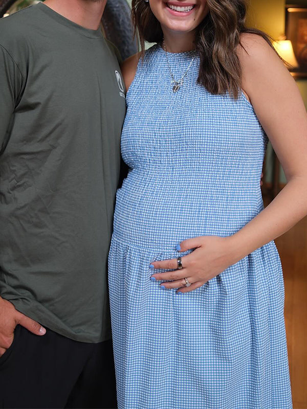 Blue Plaid Smocked Flowy Baby Boy Shower Maternity Maxi Dress