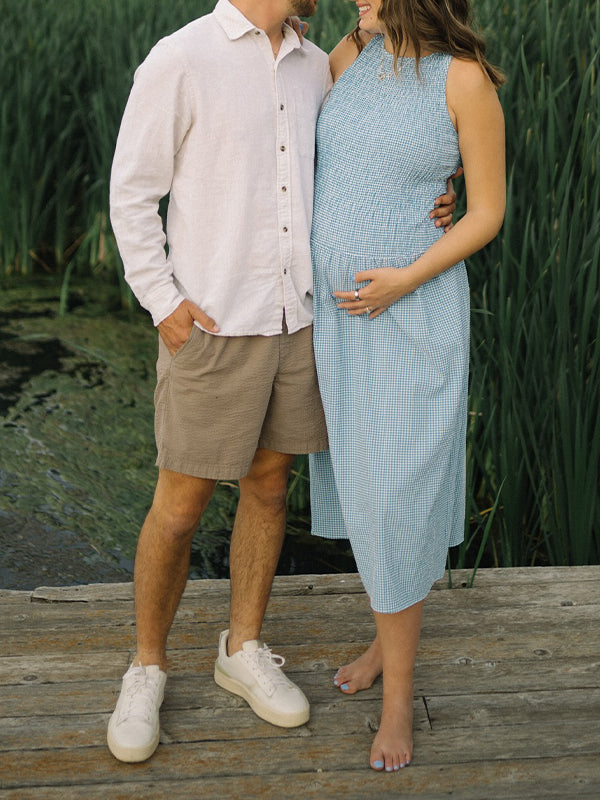 Blue Plaid Smocked Flowy Baby Boy Shower Maternity Maxi Dress