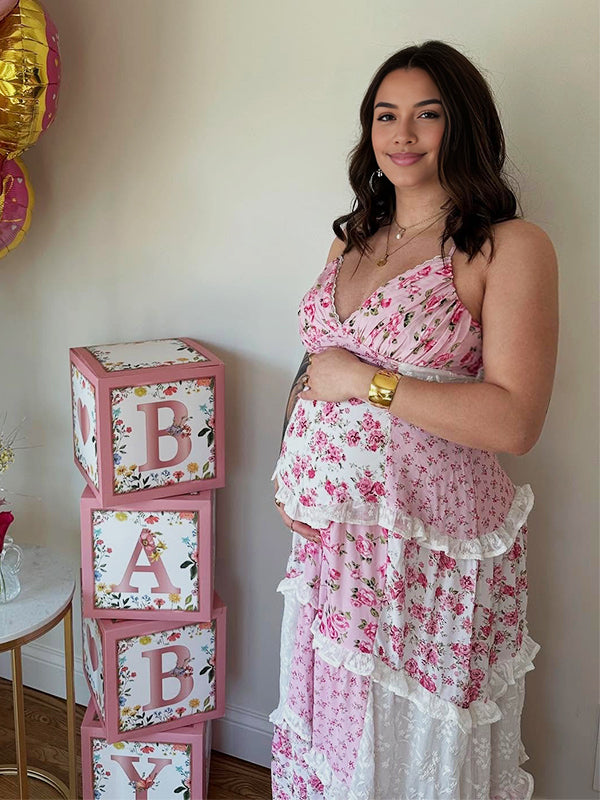 Pink Lace Floral Ruffle Baby Girl Shower Maternity Maxi Dress