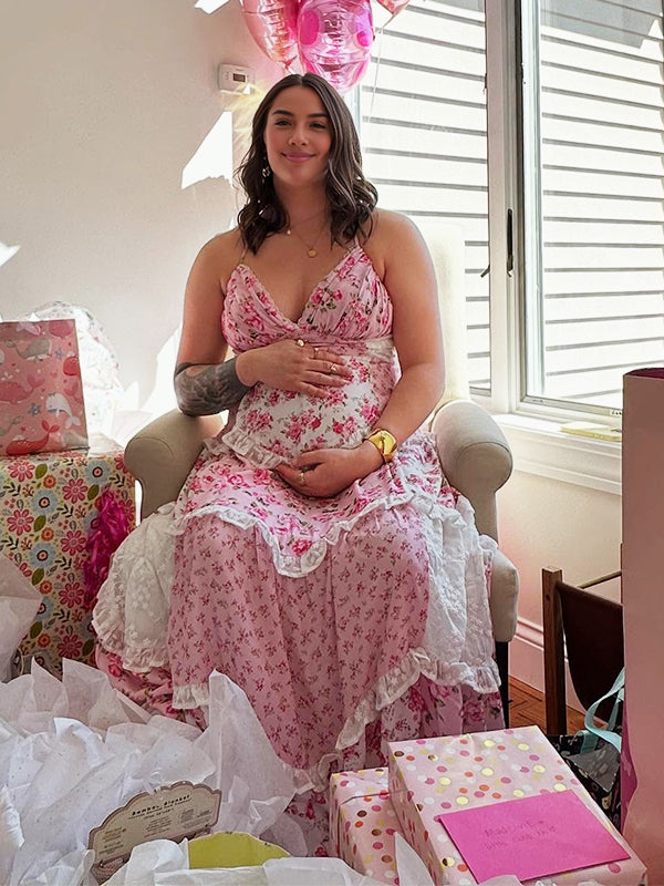 Pink Lace Floral Ruffle Baby Girl Shower Maternity Maxi Dress