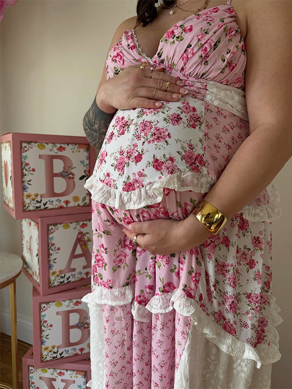Pink Lace Floral Ruffle Baby Girl Shower Maternity Maxi Dress
