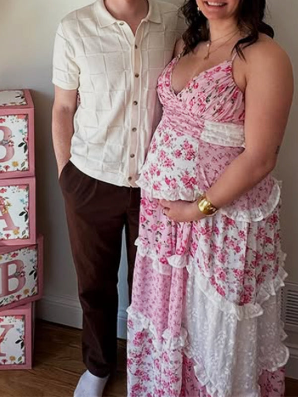 Pink Lace Floral Ruffle Baby Girl Shower Maternity Maxi Dress