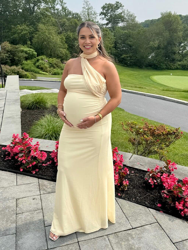 Yellow Wrap Ruched Mermaid Baby Shower Maternity Maxi Dress