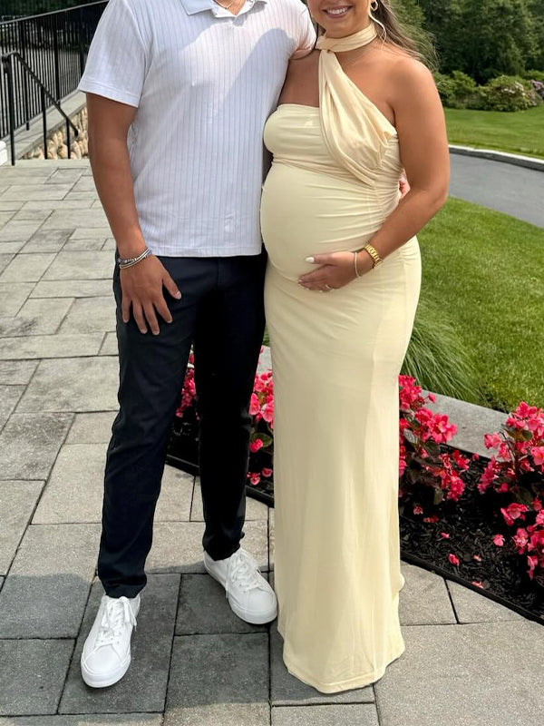 Yellow Wrap Ruched Mermaid Baby Shower Maternity Maxi Dress