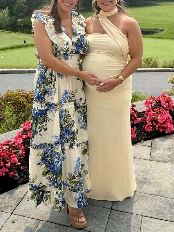 Yellow Wrap Ruched Mermaid Baby Shower Maternity Maxi Dress