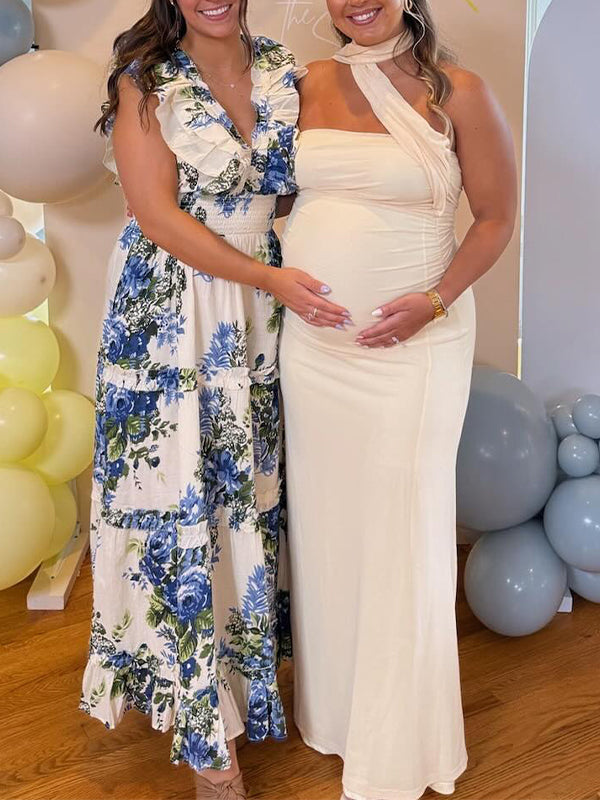 Yellow Wrap Ruched Mermaid Baby Shower Maternity Maxi Dress