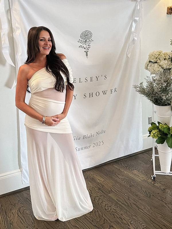 White One Shoulder Mesh Sheer Gender Reveal Maternity Maxi Dress
