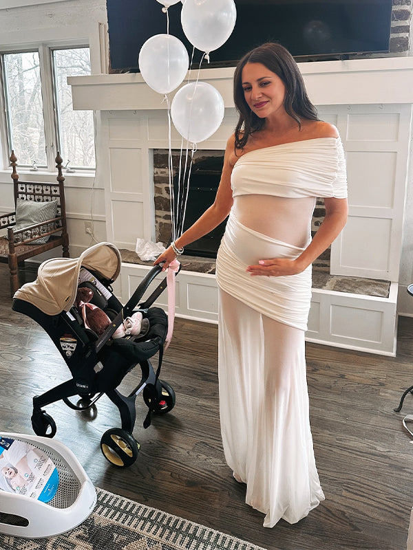 White One Shoulder Mesh Sheer Gender Reveal Maternity Maxi Dress