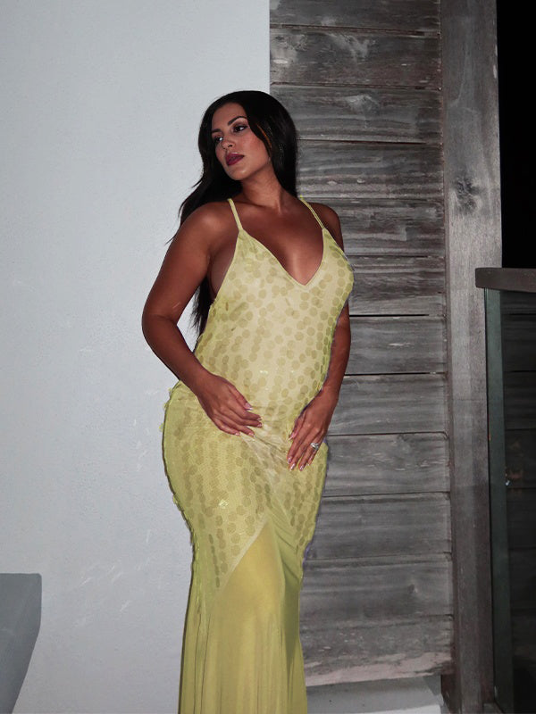 Light Yellow Sequin Backless Mermaid Banquet Gown Maternity Maxi Dress