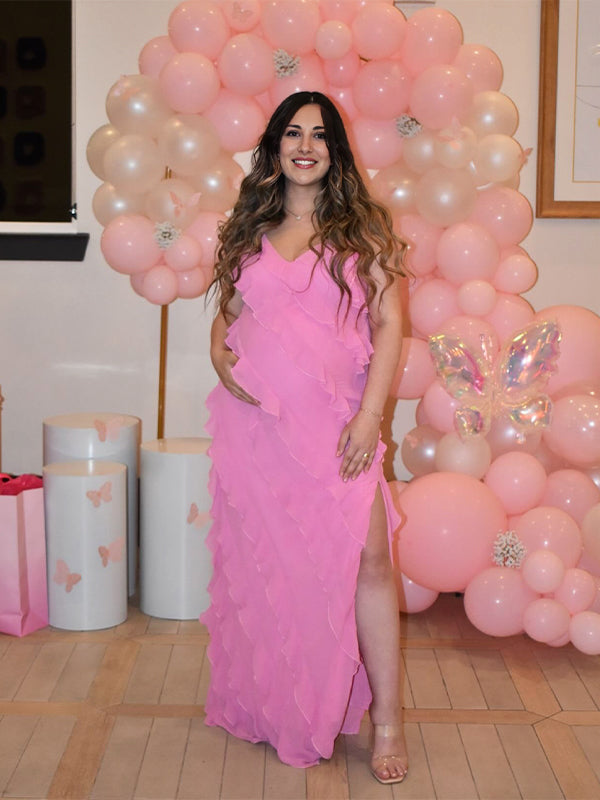 Rose Pink Ruffle Side Slit Baby Shower Maternity Maxi Dress