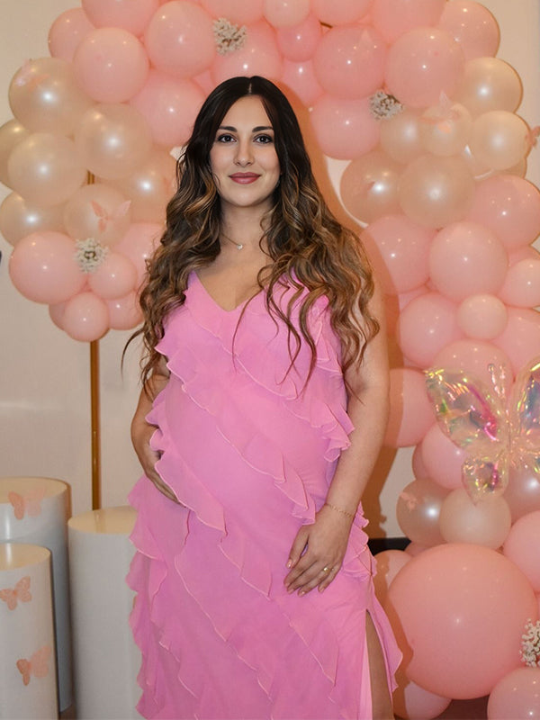 Rose Pink Ruffle Side Slit Baby Shower Maternity Maxi Dress