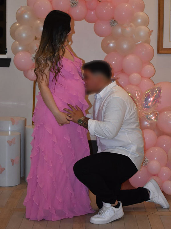 Rose Pink Ruffle Side Slit Baby Shower Maternity Maxi Dress
