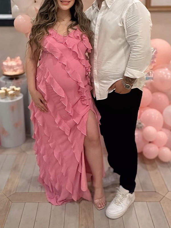 Rose Pink Ruffle Side Slit Baby Shower Maternity Maxi Dress