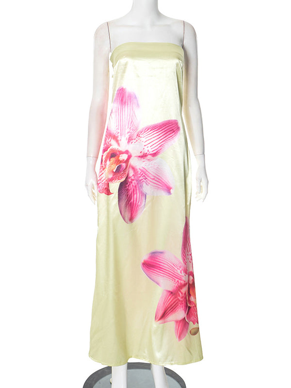 Flower Bandeau Backless Silk Vacation Maternity Maxi Dress