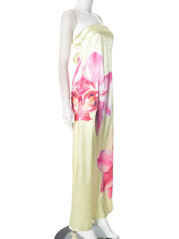 Flower Bandeau Backless Silk Vacation Maternity Maxi Dress