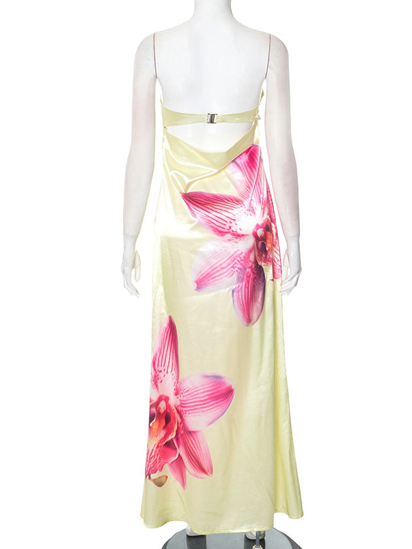 Flower Bandeau Backless Silk Vacation Maternity Maxi Dress