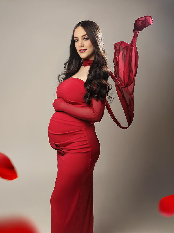 Ruched Wrap Mesh Gloves Back Slit Photoshoot Maternity Maxi Dress