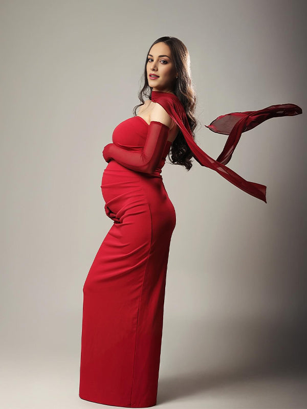 Ruched Wrap Mesh Gloves Back Slit Photoshoot Maternity Maxi Dress