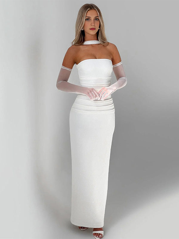 Ruched Wrap Mesh Gloves Back Slit Photoshoot Maternity Maxi Dress