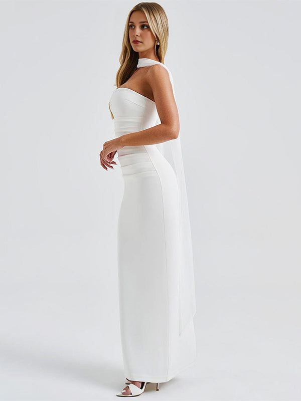 Ruched Wrap Mesh Gloves Back Slit Photoshoot Maternity Maxi Dress