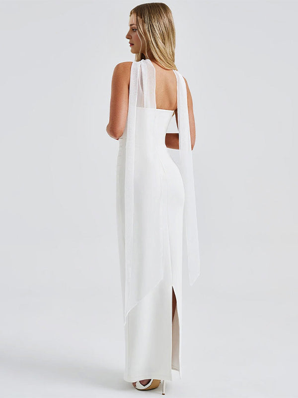 Ruched Wrap Mesh Gloves Back Slit Photoshoot Maternity Maxi Dress