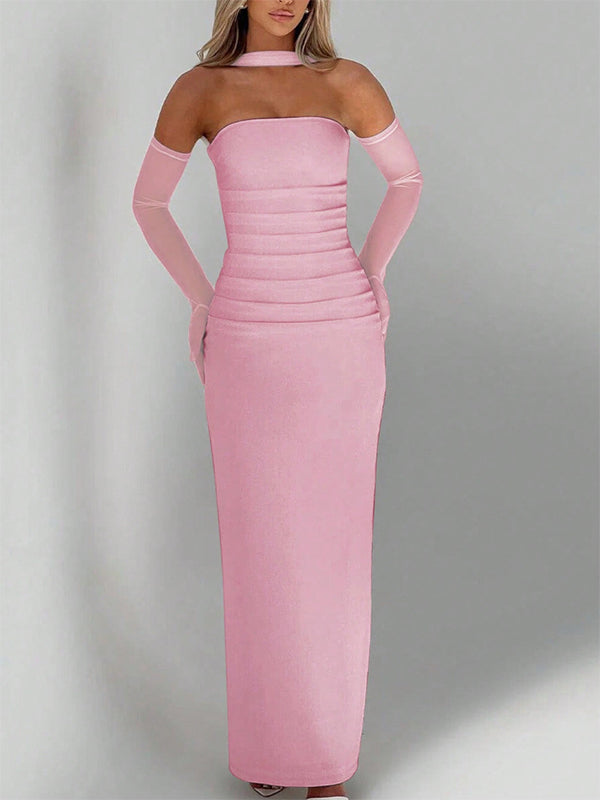 Ruched Wrap Mesh Gloves Back Slit Photoshoot Maternity Maxi Dress