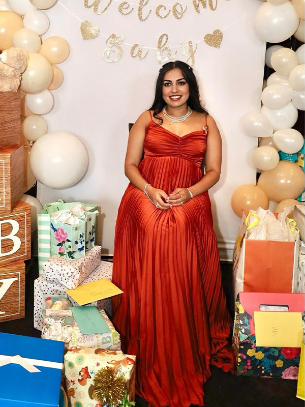 V Neck Pleated Spaghetti Strap Maternity Baby Shower Maxi Dress