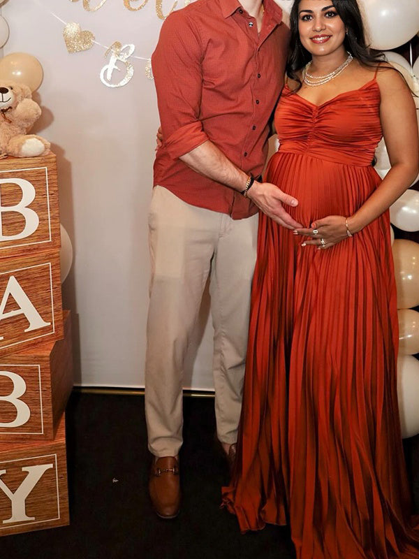 V Neck Pleated Spaghetti Strap Maternity Baby Shower Maxi Dress