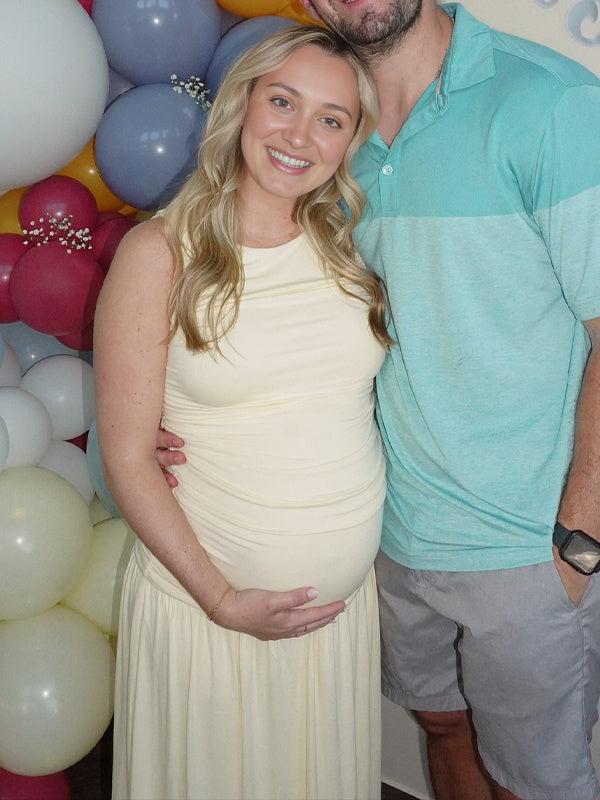 Beige Round Neck Ruched Maternity Baby Shower Maxi Dress