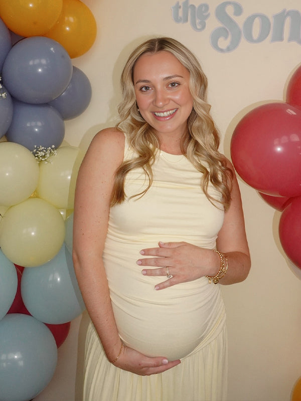 Beige Round Neck Ruched Maternity Baby Shower Maxi Dress