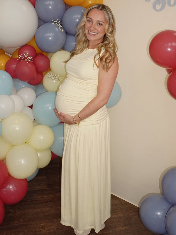 Beige Round Neck Ruched Maternity Baby Shower Maxi Dress