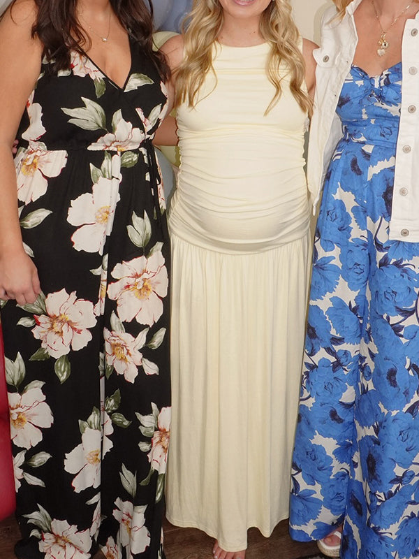 Beige Round Neck Ruched Maternity Baby Shower Maxi Dress