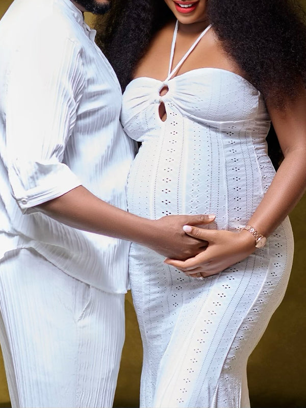 White Halter Neck High Waisted Skeleton Maternity Photoshoot Maxi Dress