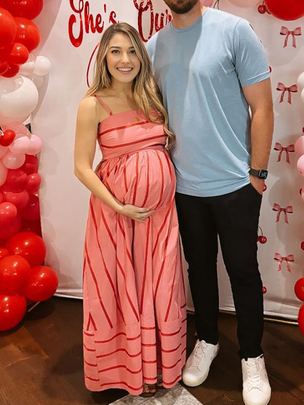 Watermelon Red Spaghetti Strap Striped Maternity Baby Shower Maxi Dress