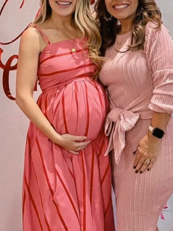 Watermelon Red Spaghetti Strap Striped Maternity Baby Shower Maxi Dress