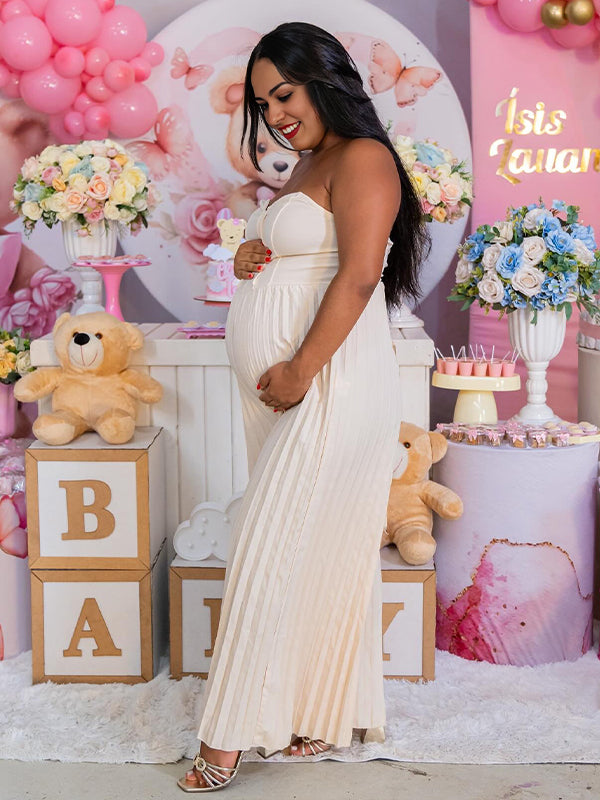 Pleated Backless High Waisted Maternity Baby Shower Maxi Dress