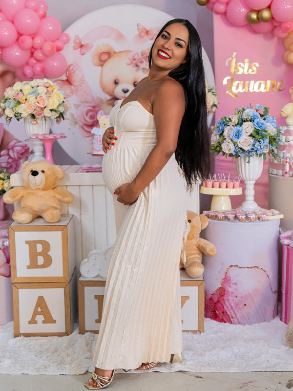 Pleated Backless High Waisted Maternity Baby Shower Maxi Dress