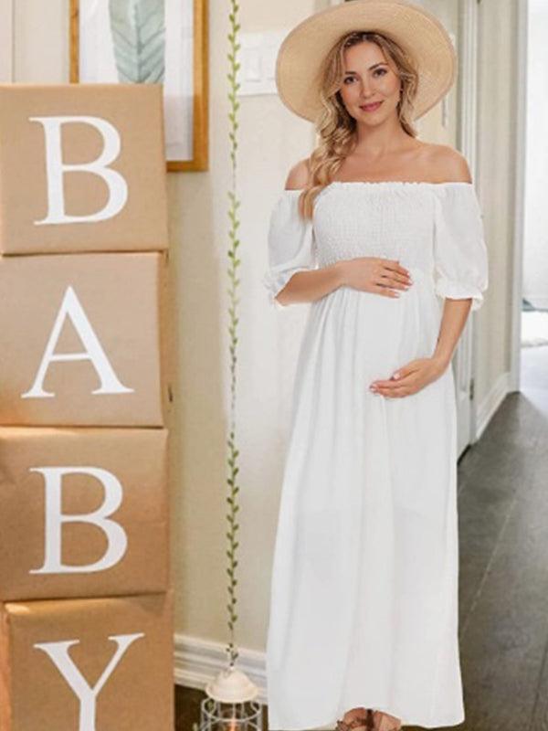 Off Shoulder Smoked High Waisted Maternity Baby Shower Maxi Dress