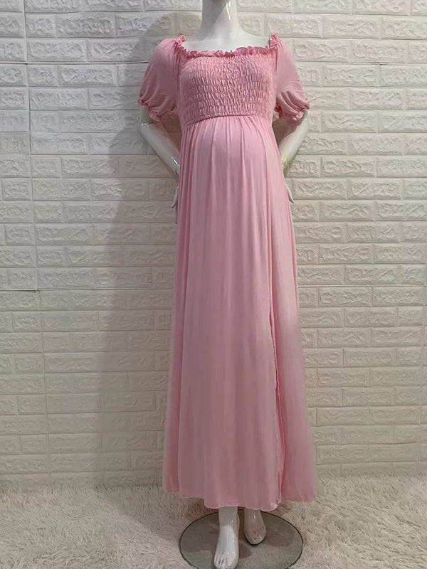 Off Shoulder Smoked High Waisted Maternity Baby Shower Maxi Dress