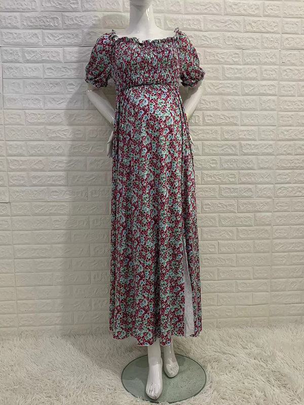 Off Shoulder Smoked High Waisted Maternity Baby Shower Maxi Dress