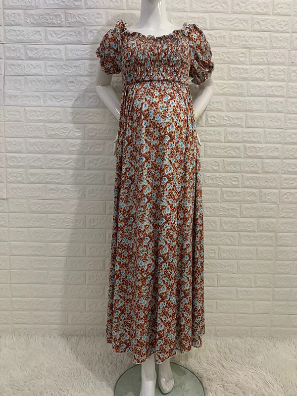 Off Shoulder Smoked High Waisted Maternity Baby Shower Maxi Dress