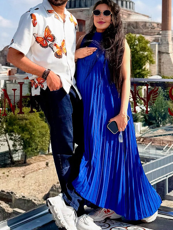 Blue Halter Neck Pleated Maternity Photoshoot Maxi Dress