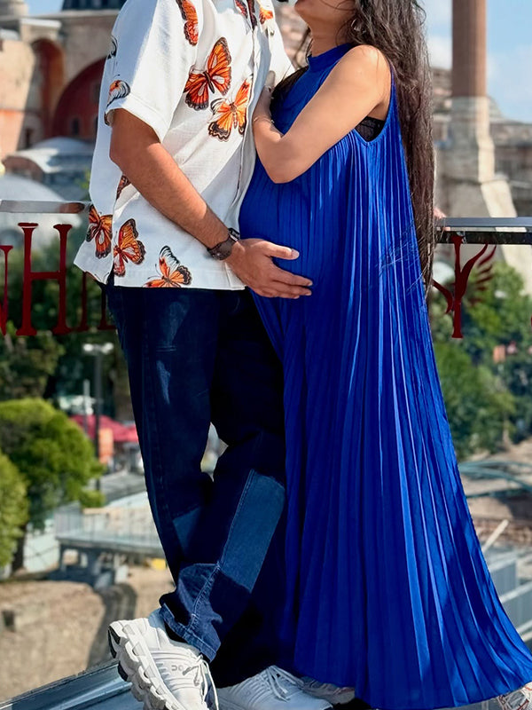 Blue Halter Neck Pleated Maternity Photoshoot Maxi Dress